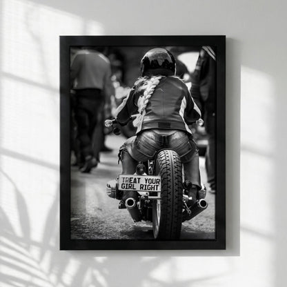 Treat Your Girl Right Print | Female Biker Poster | Black and White Motorcycle Art | Edgy Garage Wall Art | Boss Lady Decor