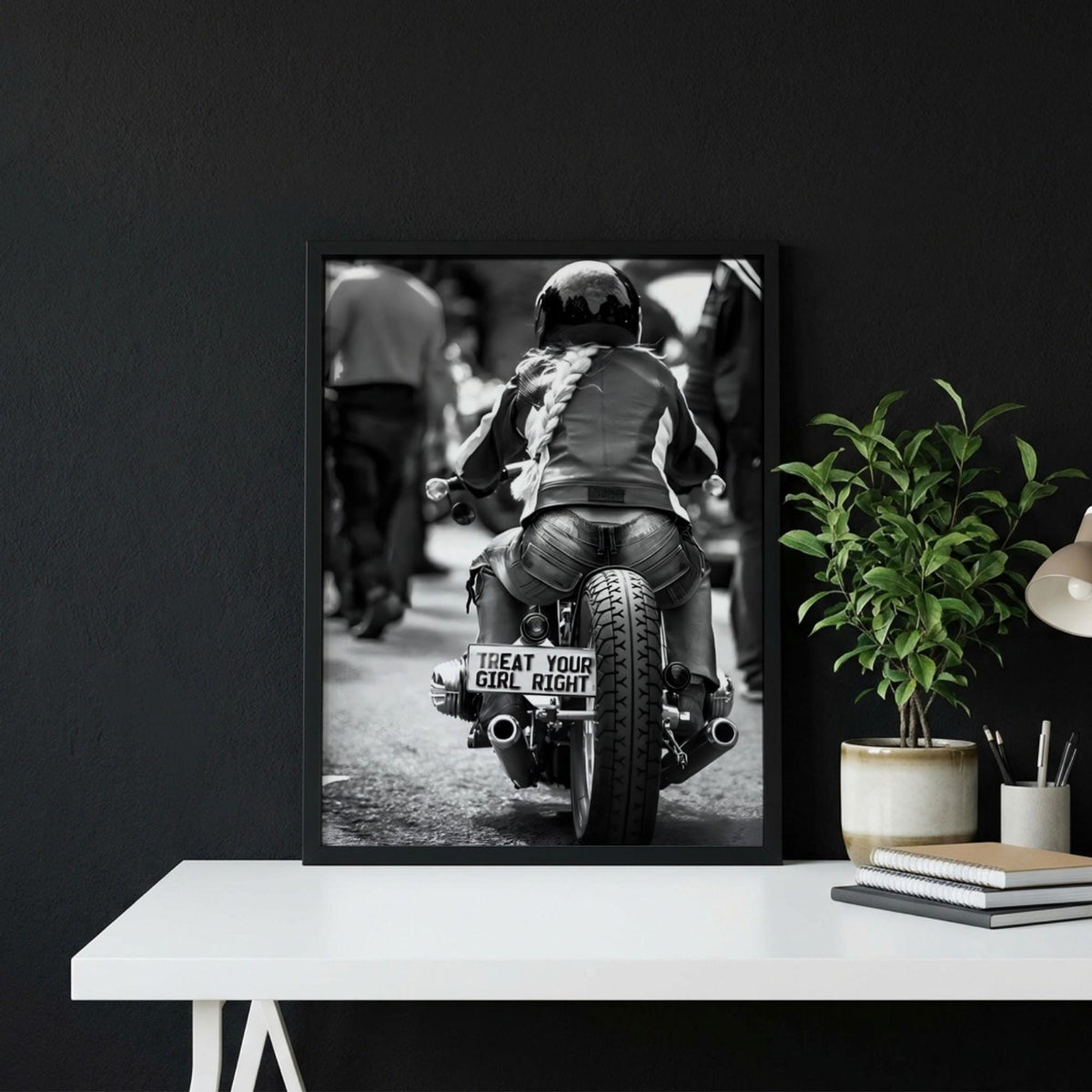Treat Your Girl Right Print | Female Biker Poster | Black and White Motorcycle Art | Edgy Garage Wall Art | Boss Lady Decor