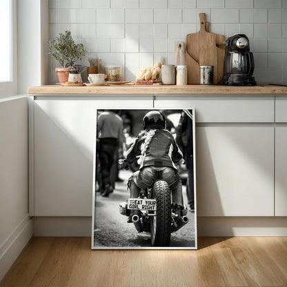 Treat Your Girl Right Print | Female Biker Poster | Black and White Motorcycle Art | Edgy Garage Wall Art | Boss Lady Decor