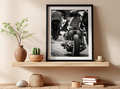 Treat Your Girl Right Print | Female Biker Poster | Black and White Motorcycle Art | Edgy Garage Wall Art | Boss Lady Decor