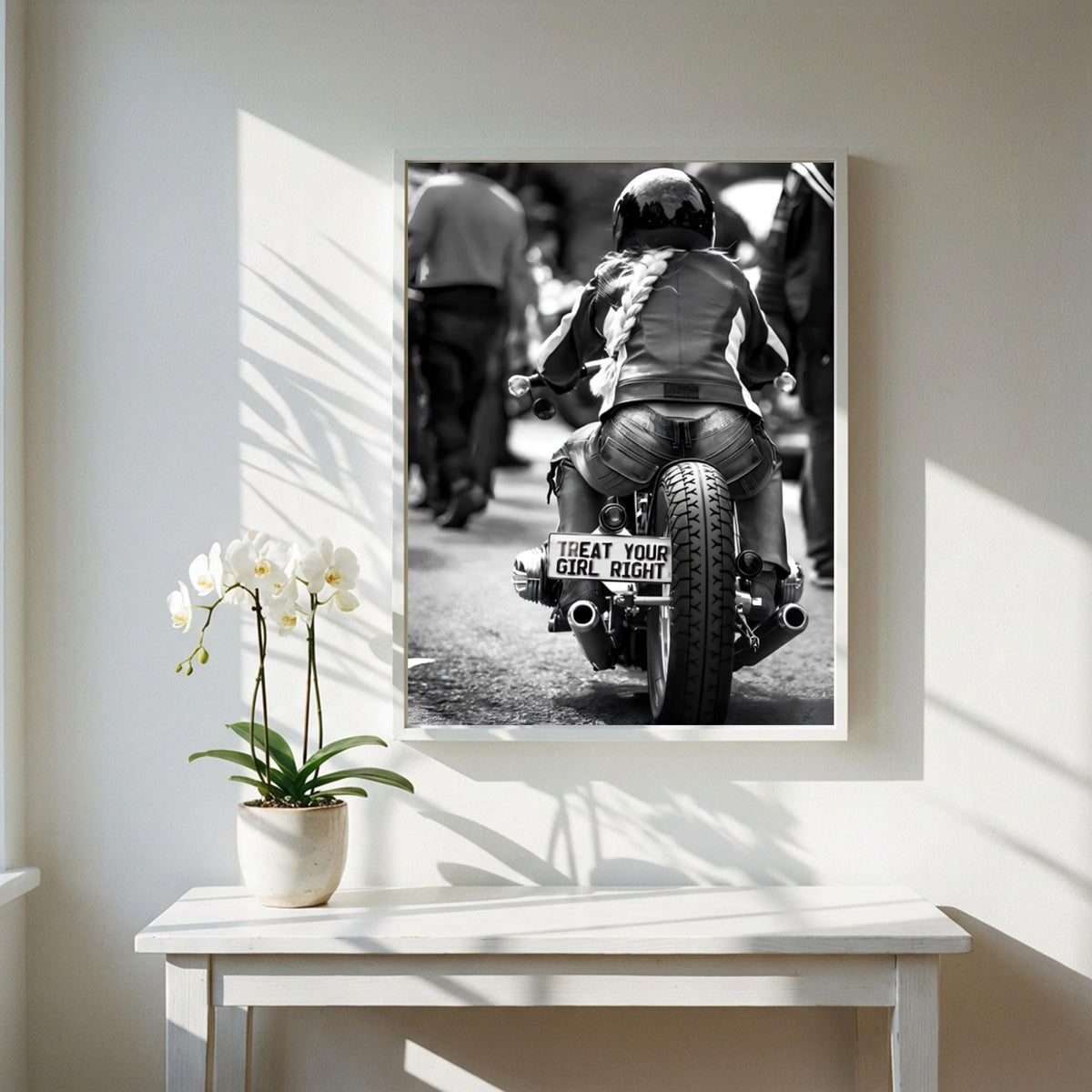 Treat Your Girl Right Print | Female Biker Poster | Black and White Motorcycle Art | Edgy Garage Wall Art | Boss Lady Decor