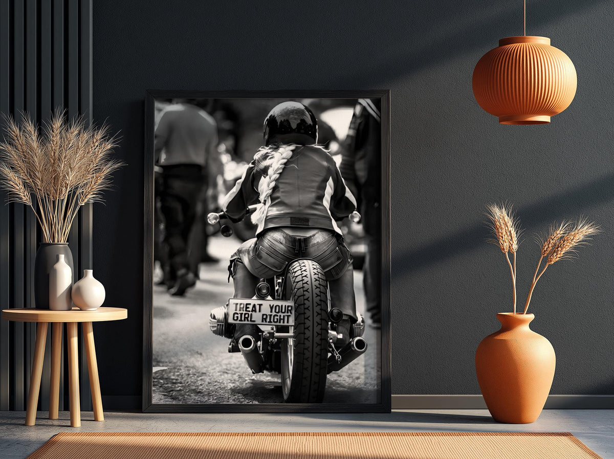 Treat Your Girl Right Print | Female Biker Poster | Black and White Motorcycle Art | Edgy Garage Wall Art | Boss Lady Decor