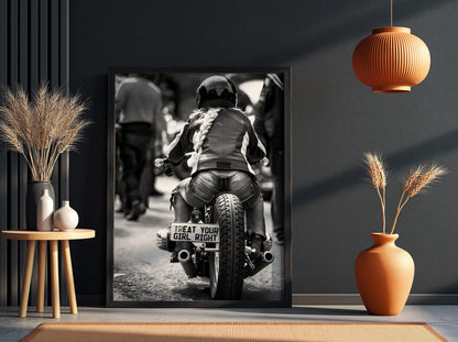 Treat Your Girl Right Print | Female Biker Poster | Black and White Motorcycle Art | Edgy Garage Wall Art | Boss Lady Decor