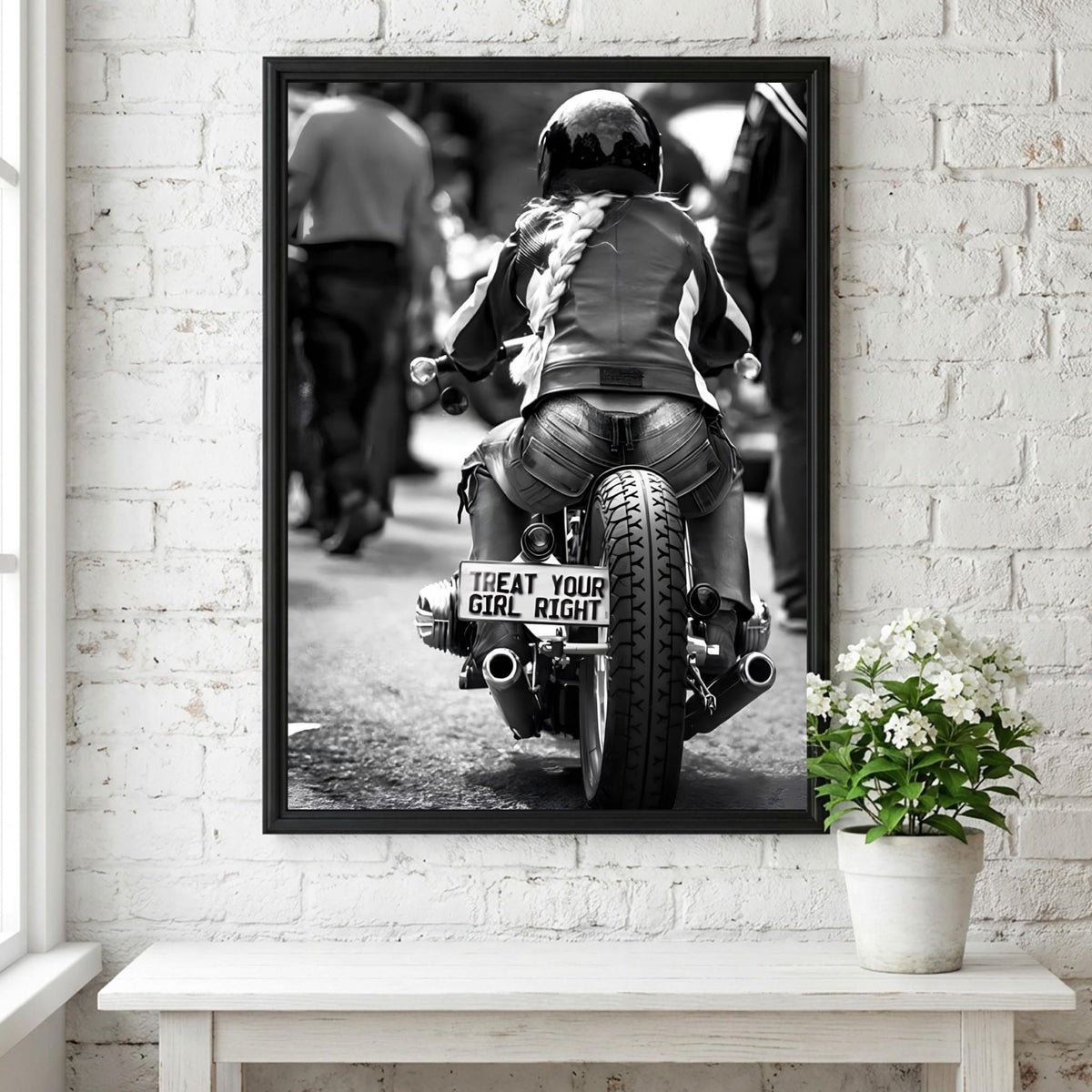 Treat Your Girl Right Print | Female Biker Poster | Black and White Motorcycle Art | Edgy Garage Wall Art | Boss Lady Decor