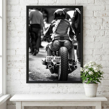 Treat Your Girl Right Print | Female Biker Poster | Black and White Motorcycle Art | Edgy Garage Wall Art | Boss Lady Decor
