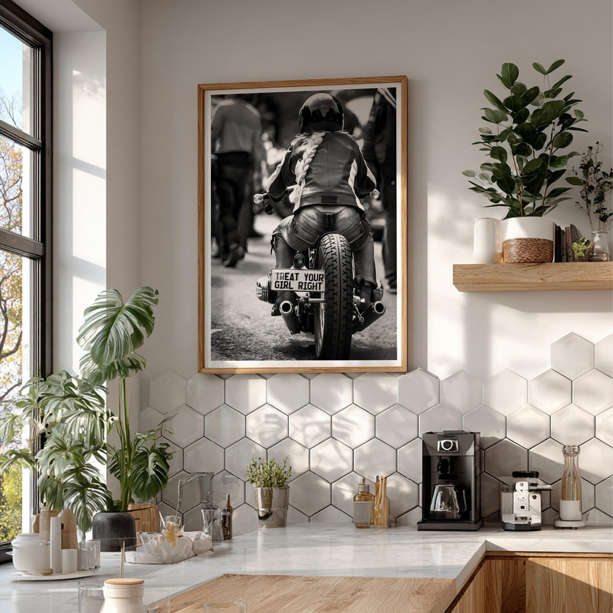 Treat Your Girl Right Print | Female Biker Poster | Black and White Motorcycle Art | Edgy Garage Wall Art | Boss Lady Decor