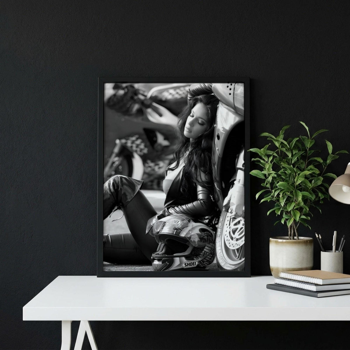 Female Biker Print | Black and White Motorcycle Art | Edgy Boss Lady Poster | Moody Leather Jacket Decor | Cinematic Wall Art