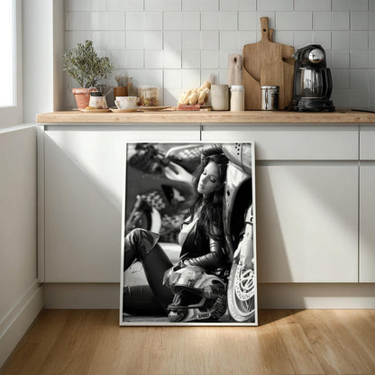 Female Biker Print | Black and White Motorcycle Art | Edgy Boss Lady Poster | Moody Leather Jacket Decor | Cinematic Wall Art
