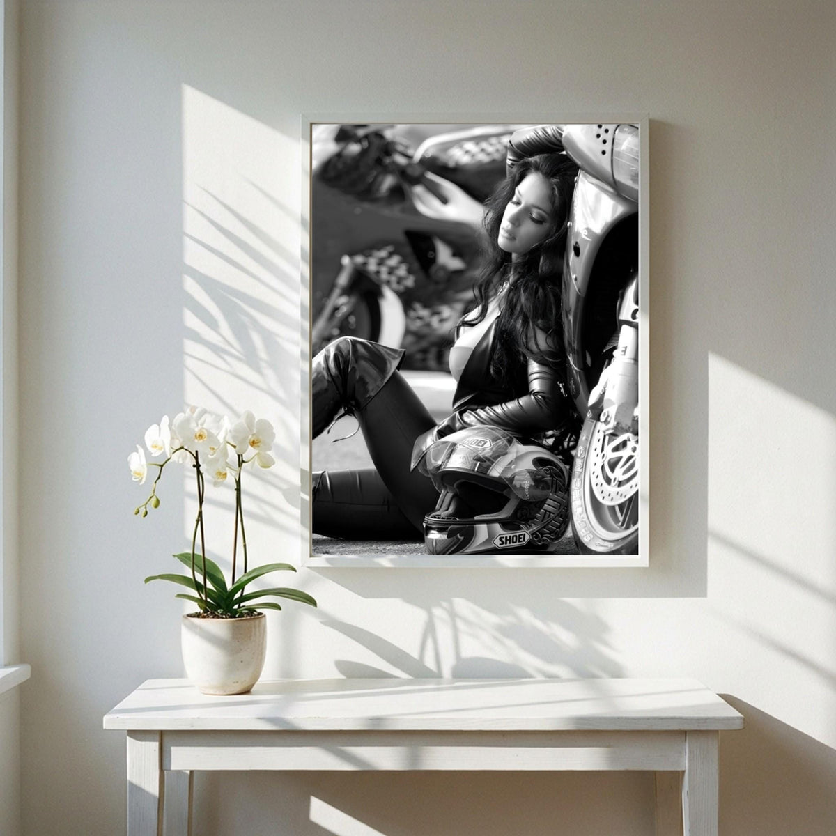 Female Biker Print | Black and White Motorcycle Art | Edgy Boss Lady Poster | Moody Leather Jacket Decor | Cinematic Wall Art