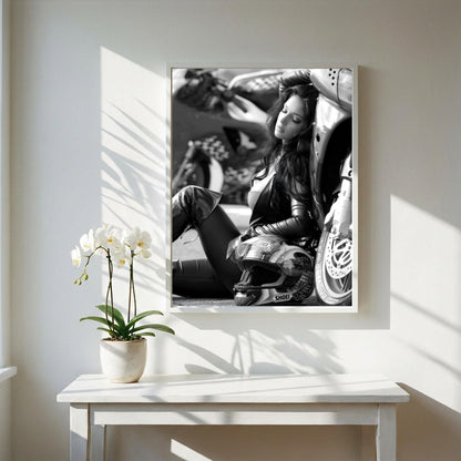 Female Biker Print | Black and White Motorcycle Art | Edgy Boss Lady Poster | Moody Leather Jacket Decor | Cinematic Wall Art
