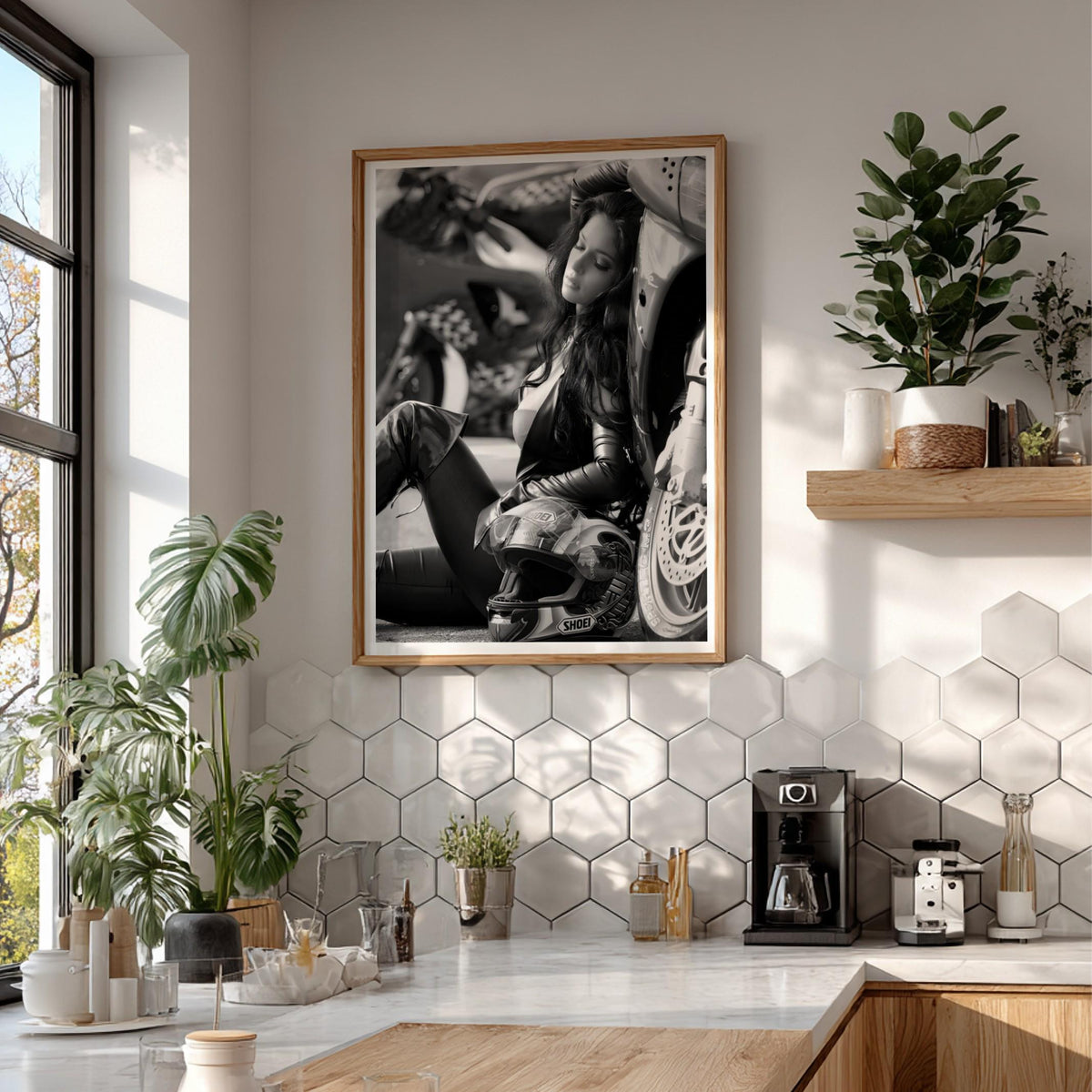 Female Biker Print | Black and White Motorcycle Art | Edgy Boss Lady Poster | Moody Leather Jacket Decor | Cinematic Wall Art