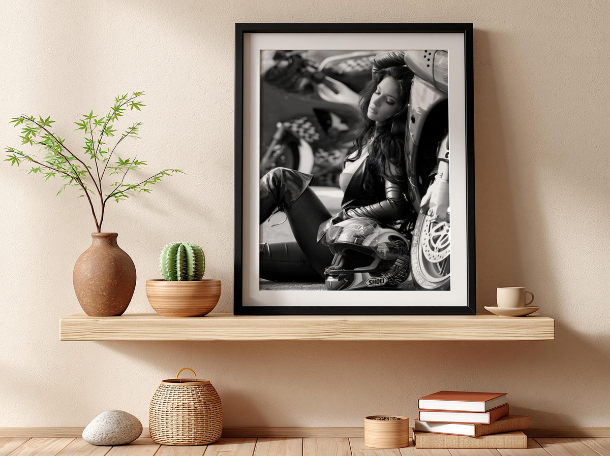 Female Biker Print | Black and White Motorcycle Art | Edgy Boss Lady Poster | Moody Leather Jacket Decor | Cinematic Wall Art
