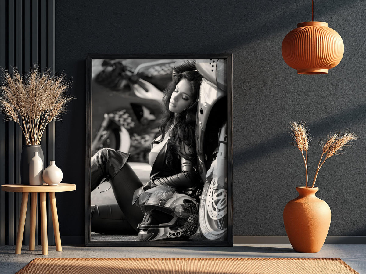 Female Biker Print | Black and White Motorcycle Art | Edgy Boss Lady Poster | Moody Leather Jacket Decor | Cinematic Wall Art