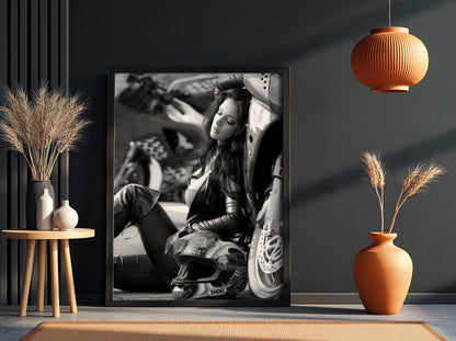 Female Biker Print | Black and White Motorcycle Art | Edgy Boss Lady Poster | Moody Leather Jacket Decor | Cinematic Wall Art