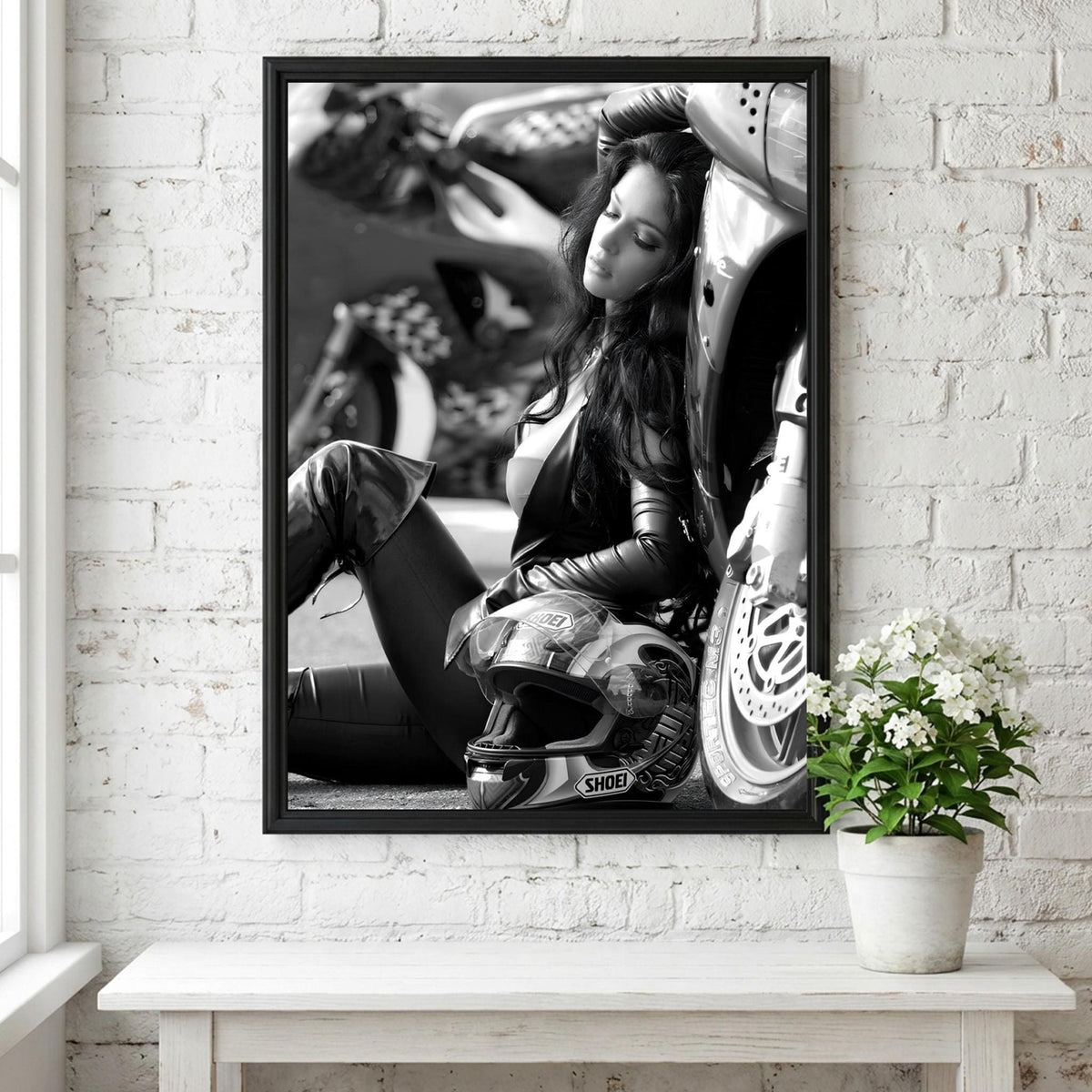Female Biker Print | Black and White Motorcycle Art | Edgy Boss Lady Poster | Moody Leather Jacket Decor | Cinematic Wall Art