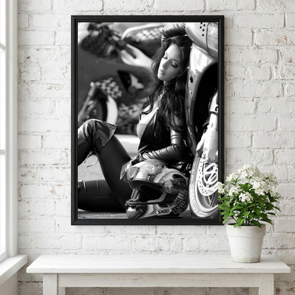 Female Biker Print | Black and White Motorcycle Art | Edgy Boss Lady Poster | Moody Leather Jacket Decor | Cinematic Wall Art