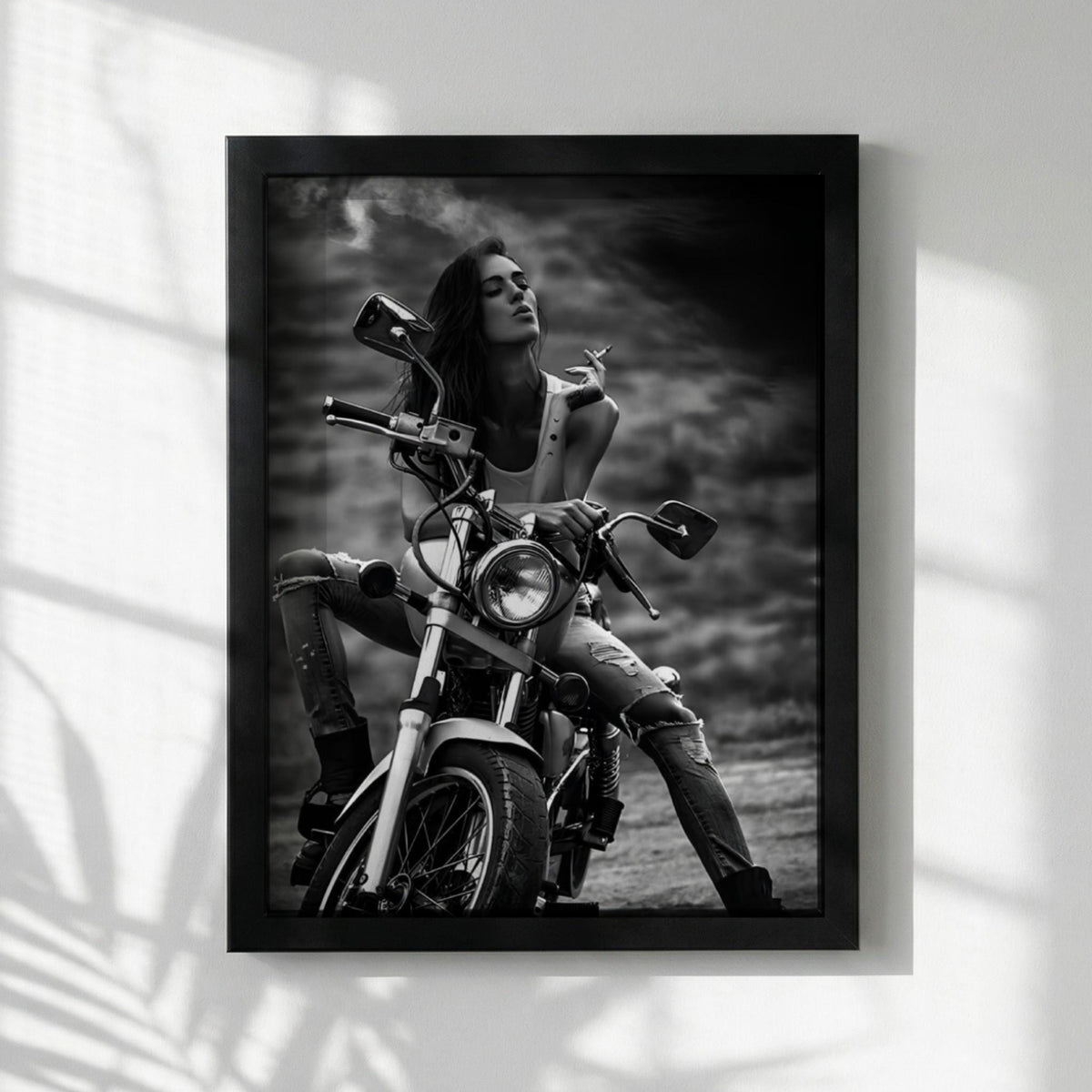 Female Biker Print | Black and White Motorcycle Art | Edgy Boss Lady Poster | Moody Smoking Woman Decor | Cinematic Wall Art