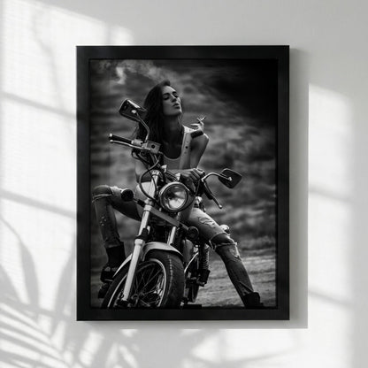 Female Biker Print | Black and White Motorcycle Art | Edgy Boss Lady Poster | Moody Smoking Woman Decor | Cinematic Wall Art