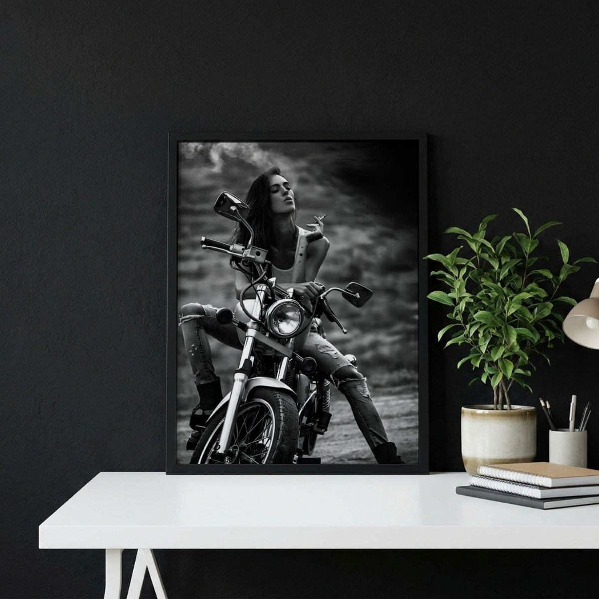 Female Biker Print | Black and White Motorcycle Art | Edgy Boss Lady Poster | Moody Smoking Woman Decor | Cinematic Wall Art
