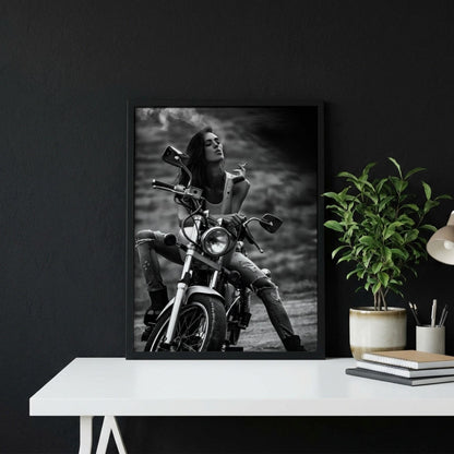Female Biker Print | Black and White Motorcycle Art | Edgy Boss Lady Poster | Moody Smoking Woman Decor | Cinematic Wall Art