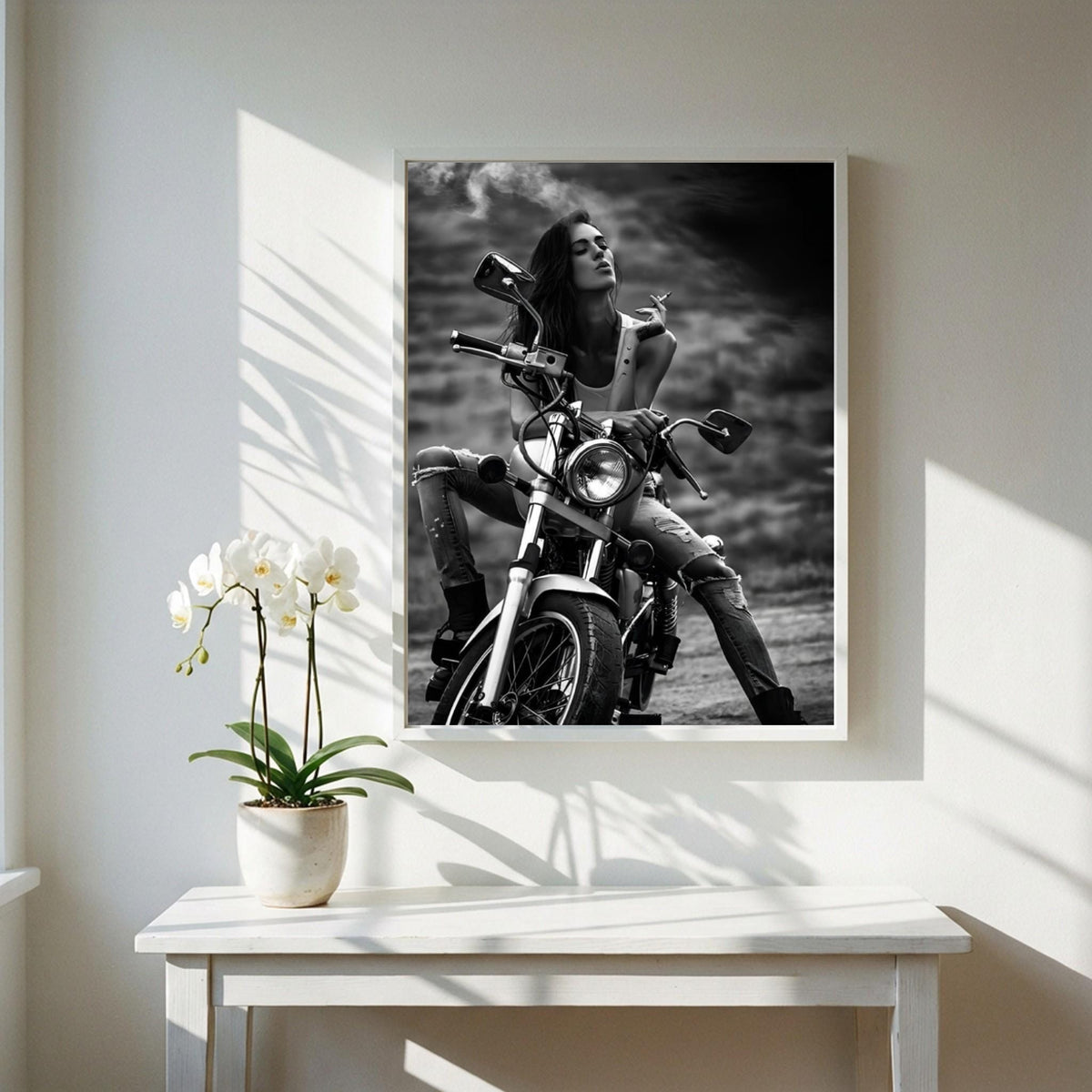 Female Biker Print | Black and White Motorcycle Art | Edgy Boss Lady Poster | Moody Smoking Woman Decor | Cinematic Wall Art