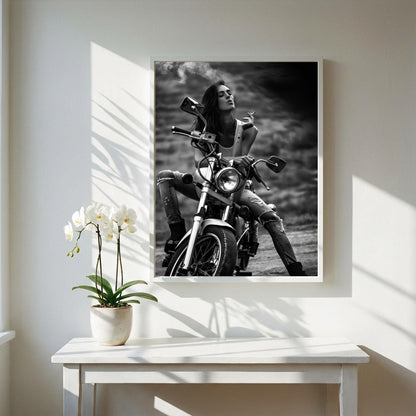 Female Biker Print | Black and White Motorcycle Art | Edgy Boss Lady Poster | Moody Smoking Woman Decor | Cinematic Wall Art