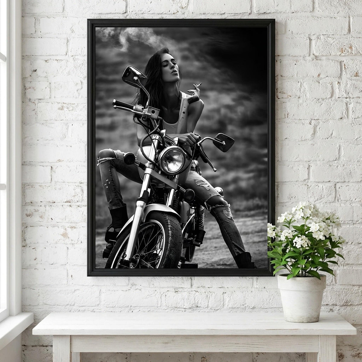 Female Biker Print | Black and White Motorcycle Art | Edgy Boss Lady Poster | Moody Smoking Woman Decor | Cinematic Wall Art