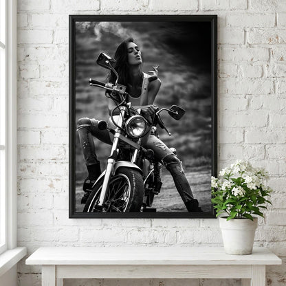 Female Biker Print | Black and White Motorcycle Art | Edgy Boss Lady Poster | Moody Smoking Woman Decor | Cinematic Wall Art