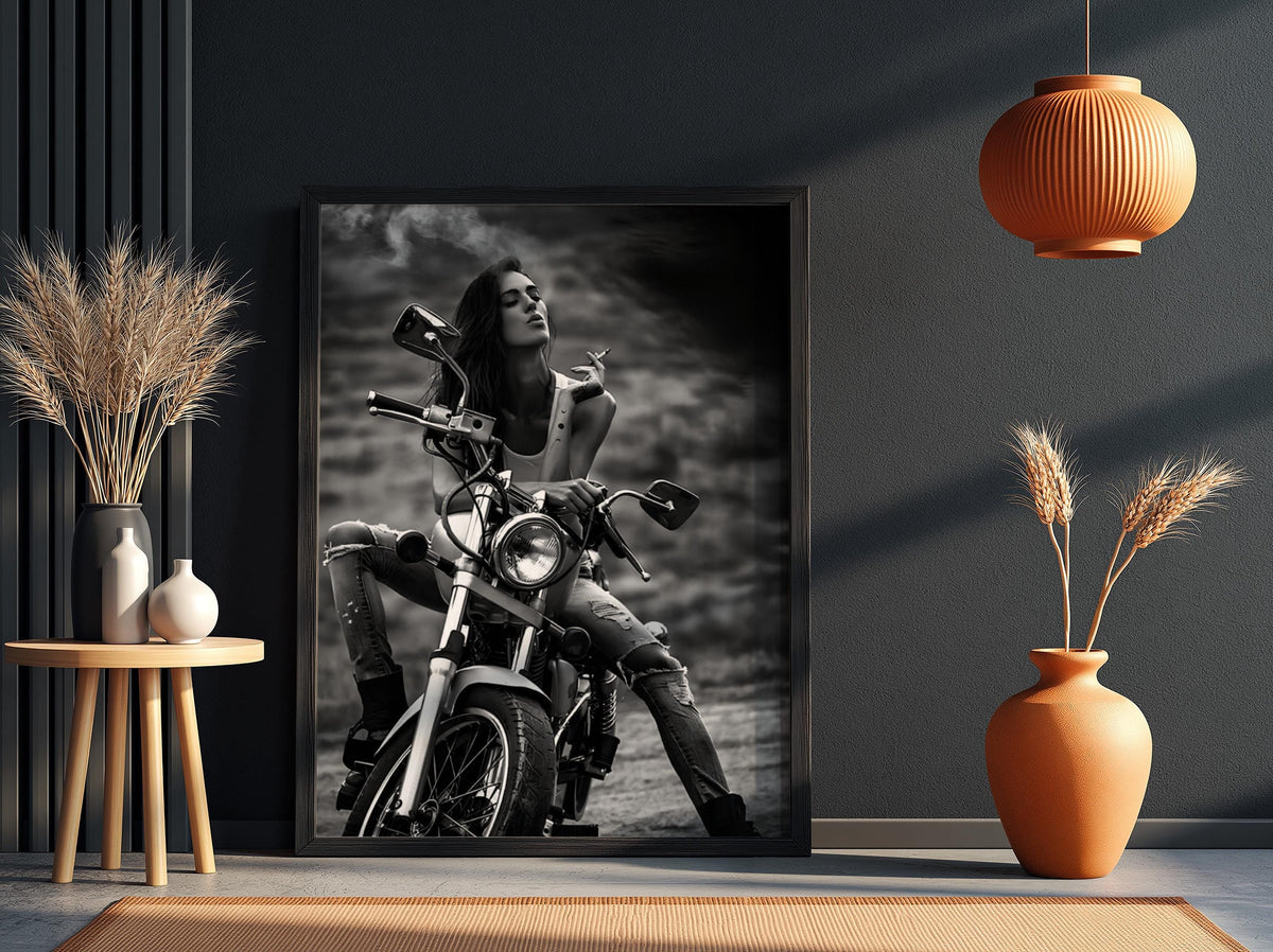 Female Biker Print | Black and White Motorcycle Art | Edgy Boss Lady Poster | Moody Smoking Woman Decor | Cinematic Wall Art