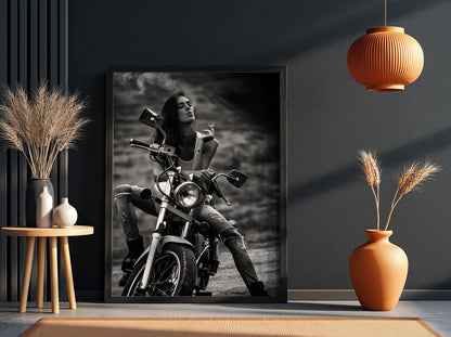 Female Biker Print | Black and White Motorcycle Art | Edgy Boss Lady Poster | Moody Smoking Woman Decor | Cinematic Wall Art