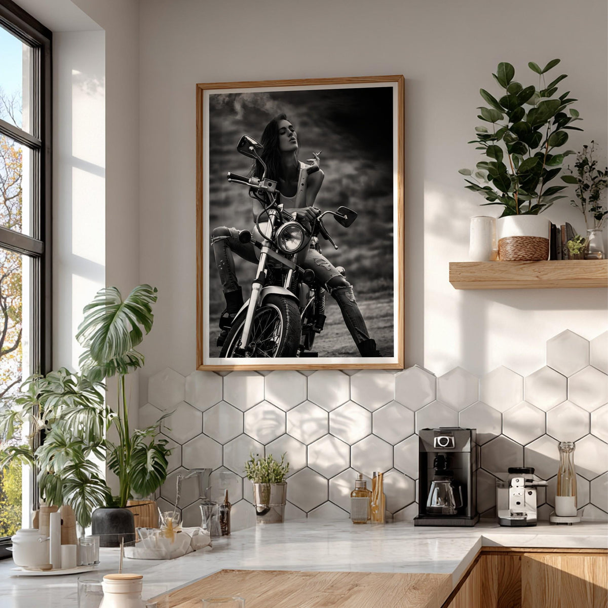 Female Biker Print | Black and White Motorcycle Art | Edgy Boss Lady Poster | Moody Smoking Woman Decor | Cinematic Wall Art