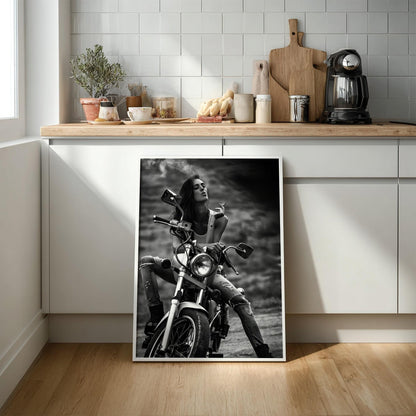 Female Biker Print | Black and White Motorcycle Art | Edgy Boss Lady Poster | Moody Smoking Woman Decor | Cinematic Wall Art