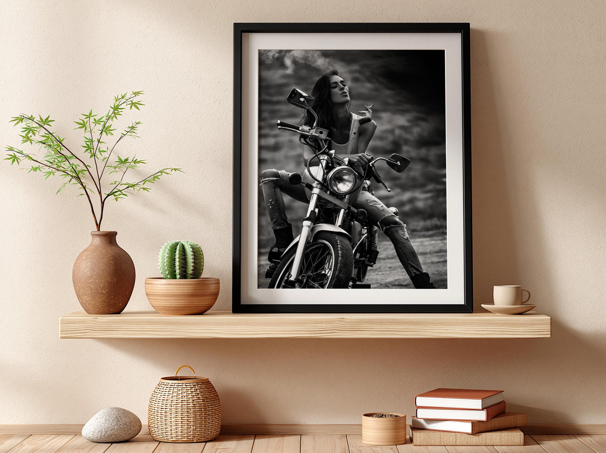 Female Biker Print | Black and White Motorcycle Art | Edgy Boss Lady Poster | Moody Smoking Woman Decor | Cinematic Wall Art