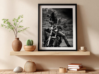 Female Biker Print | Black and White Motorcycle Art | Edgy Boss Lady Poster | Moody Smoking Woman Decor | Cinematic Wall Art