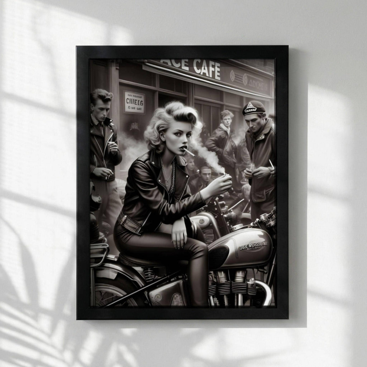 Ace Cafe Biker Print | Black and White Motorcycle Art | Vintage Rebel Woman Poster | Edgy Boss Lady Decor | Cinematic Cafe Racer Art