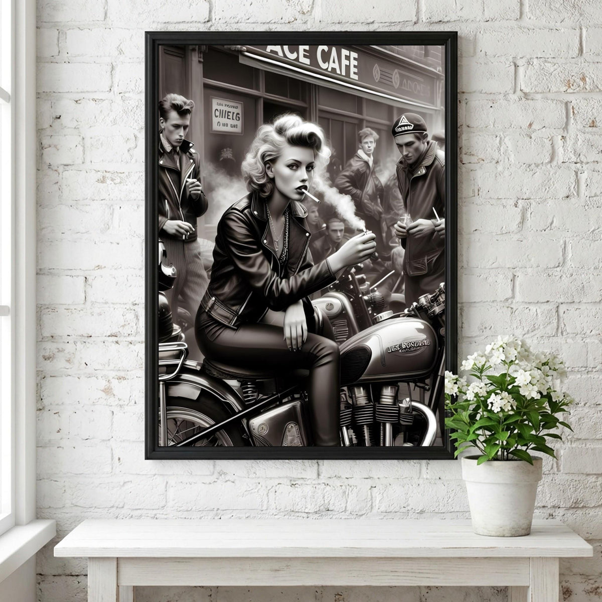 Ace Cafe Biker Print | Black and White Motorcycle Art | Vintage Rebel Woman Poster | Edgy Boss Lady Decor | Cinematic Cafe Racer Art