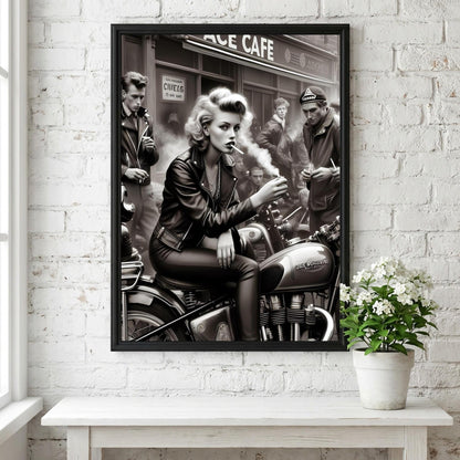 Ace Cafe Biker Print | Black and White Motorcycle Art | Vintage Rebel Woman Poster | Edgy Boss Lady Decor | Cinematic Cafe Racer Art