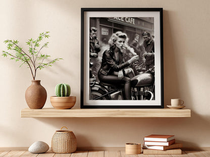 Ace Cafe Biker Print | Black and White Motorcycle Art | Vintage Rebel Woman Poster | Edgy Boss Lady Decor | Cinematic Cafe Racer Art