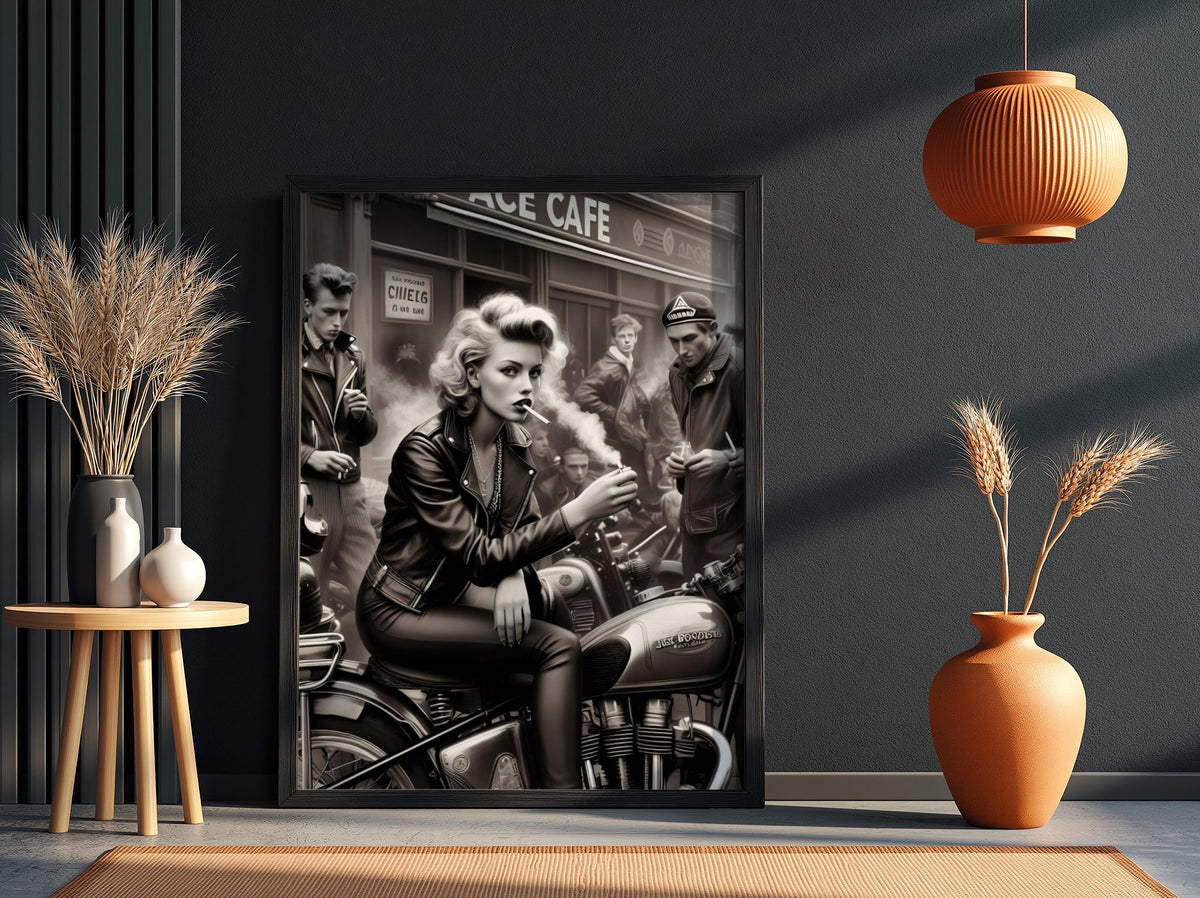 Ace Cafe Biker Print | Black and White Motorcycle Art | Vintage Rebel Woman Poster | Edgy Boss Lady Decor | Cinematic Cafe Racer Art