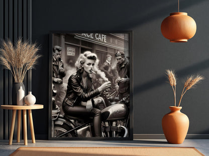 Ace Cafe Biker Print | Black and White Motorcycle Art | Vintage Rebel Woman Poster | Edgy Boss Lady Decor | Cinematic Cafe Racer Art