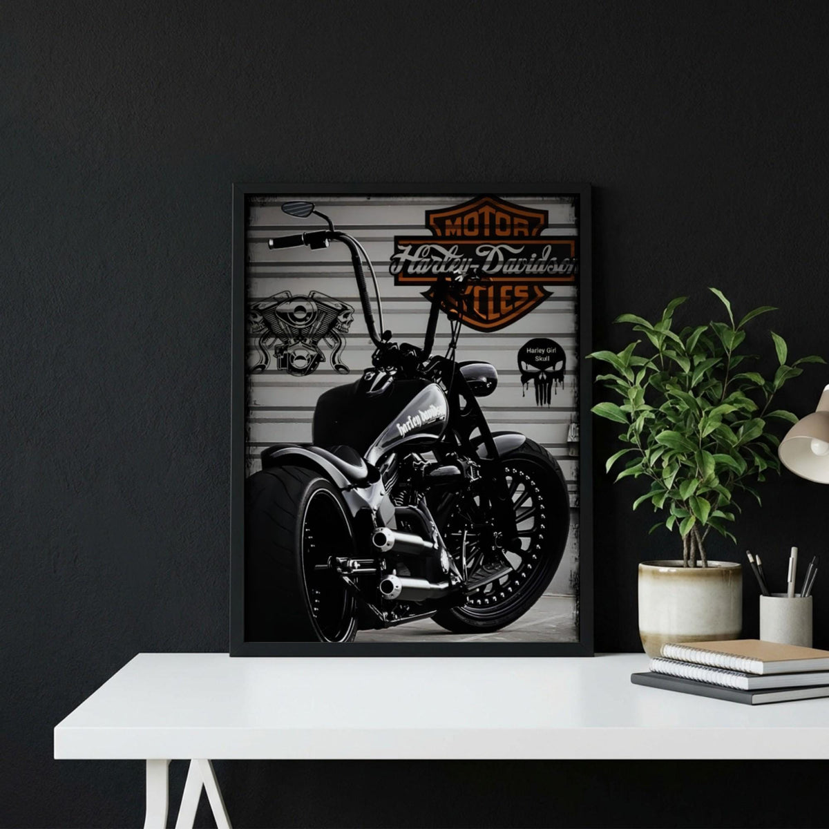 Custom Motorcycle Print | Dark Garage Wall Art | Black and White Biker Poster | Industrial Chopper Decor | Boss Energy Art