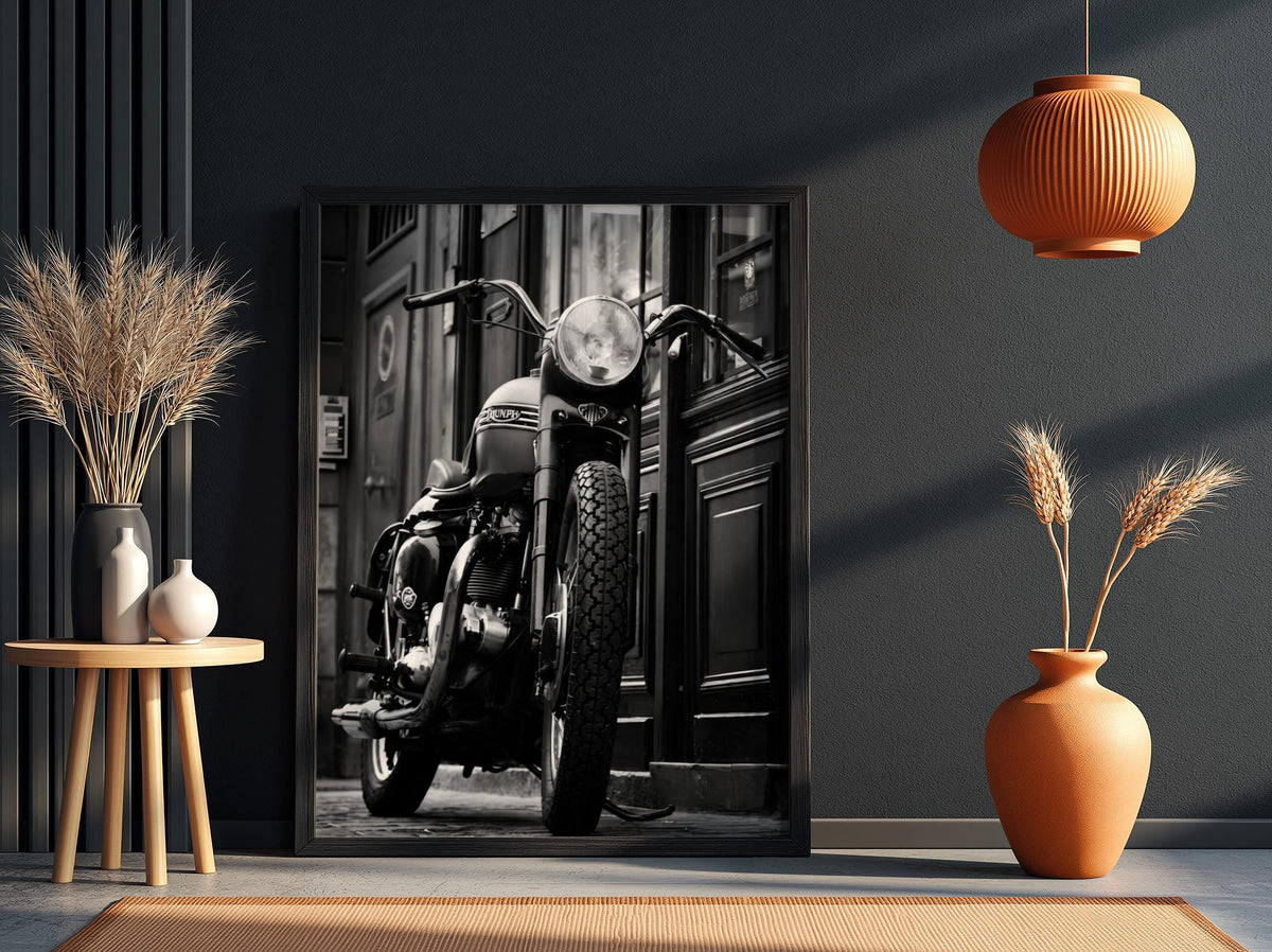 Vintage Triumph Motorcycle Print | Classic British Bike Art | Dark Urban Biker Poster | Edgy Garage Decor | Moody Street Wall Art