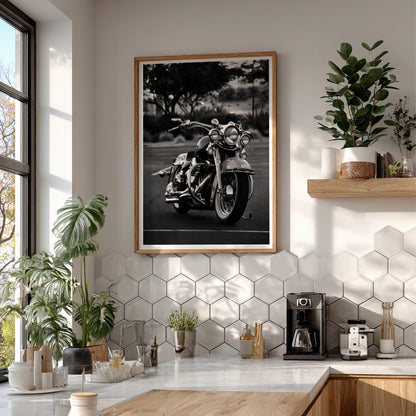 Classic Cruiser Motorcycle Print | Black and White Biker Art | Vintage Chrome Poster | Edgy Garage Decor | Moody Automotive Wall Art