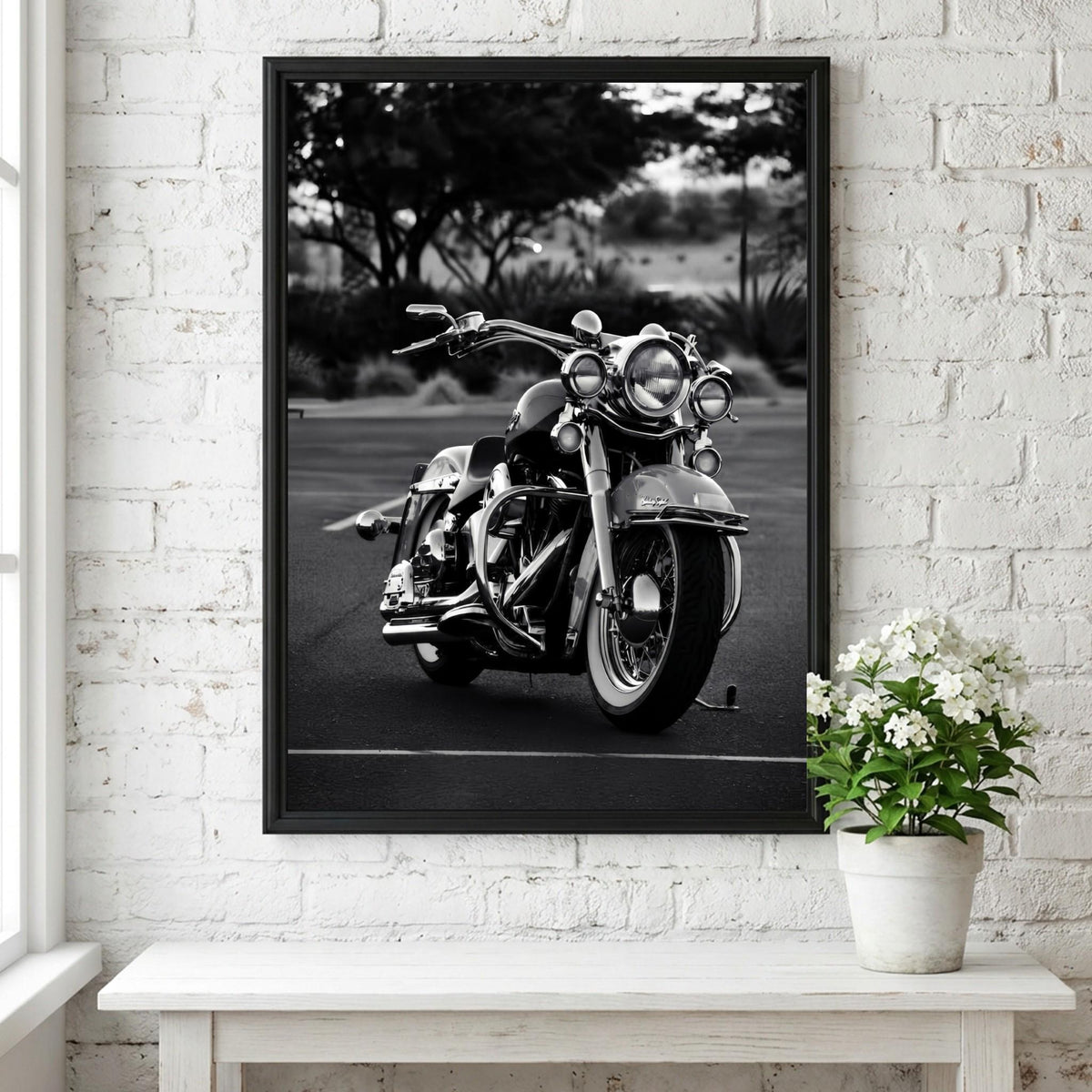Classic Cruiser Motorcycle Print | Black and White Biker Art | Vintage Chrome Poster | Edgy Garage Decor | Moody Automotive Wall Art