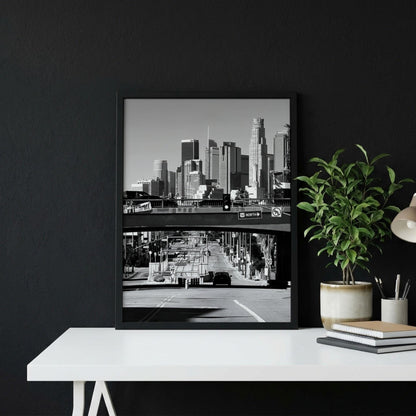 Los Angeles Skyline Print | Downtown LA Architecture Art | Black and White Cityscape Poster | 101 Freeway Decor | Cinematic Urban Art