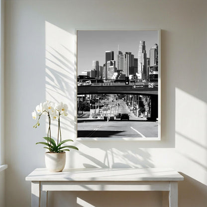 Los Angeles Skyline Print | Downtown LA Architecture Art | Black and White Cityscape Poster | 101 Freeway Decor | Cinematic Urban Art