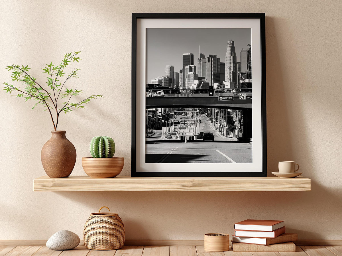 Los Angeles Skyline Print | Downtown LA Architecture Art | Black and White Cityscape Poster | 101 Freeway Decor | Cinematic Urban Art