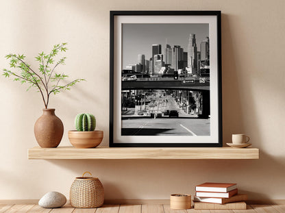 Los Angeles Skyline Print | Downtown LA Architecture Art | Black and White Cityscape Poster | 101 Freeway Decor | Cinematic Urban Art